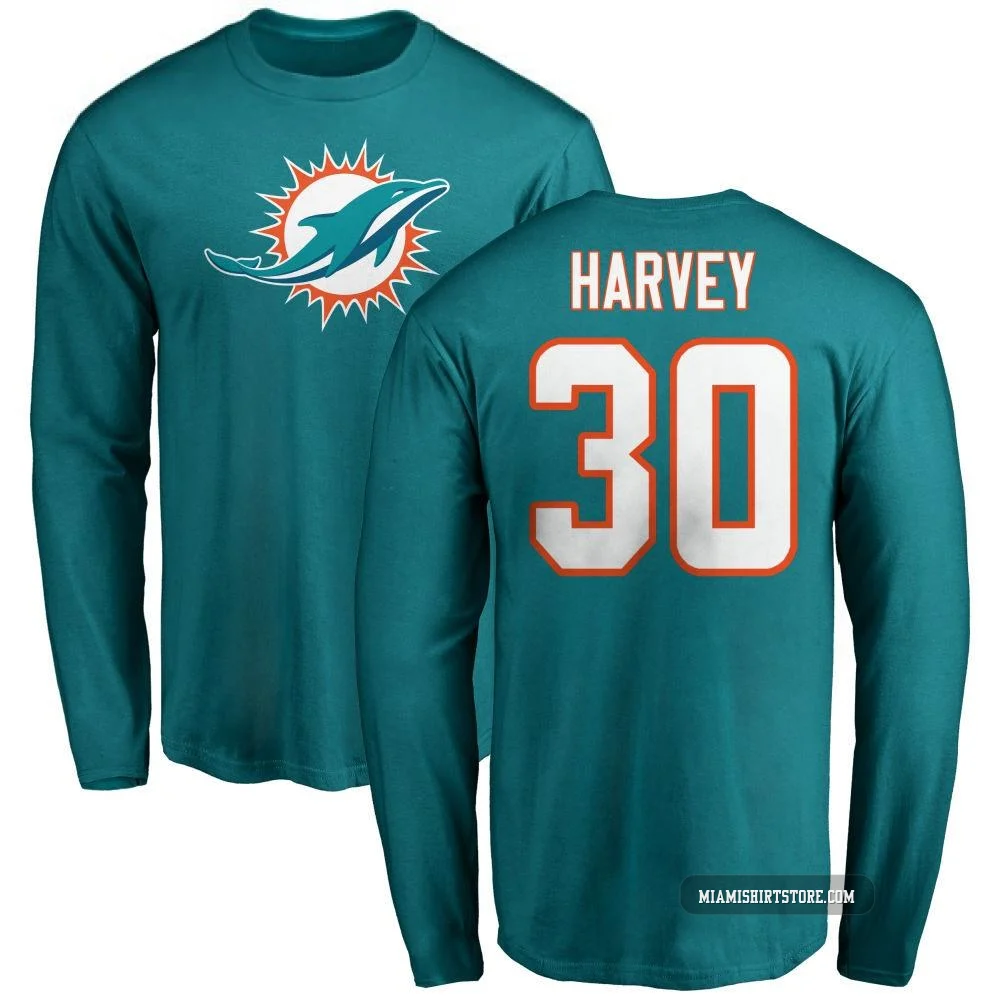 Men's Ahmari Harvey Miami Dolphins ＃30 Aqua Pro Line Name & Number Logo Long Sleeve T-Shirt -