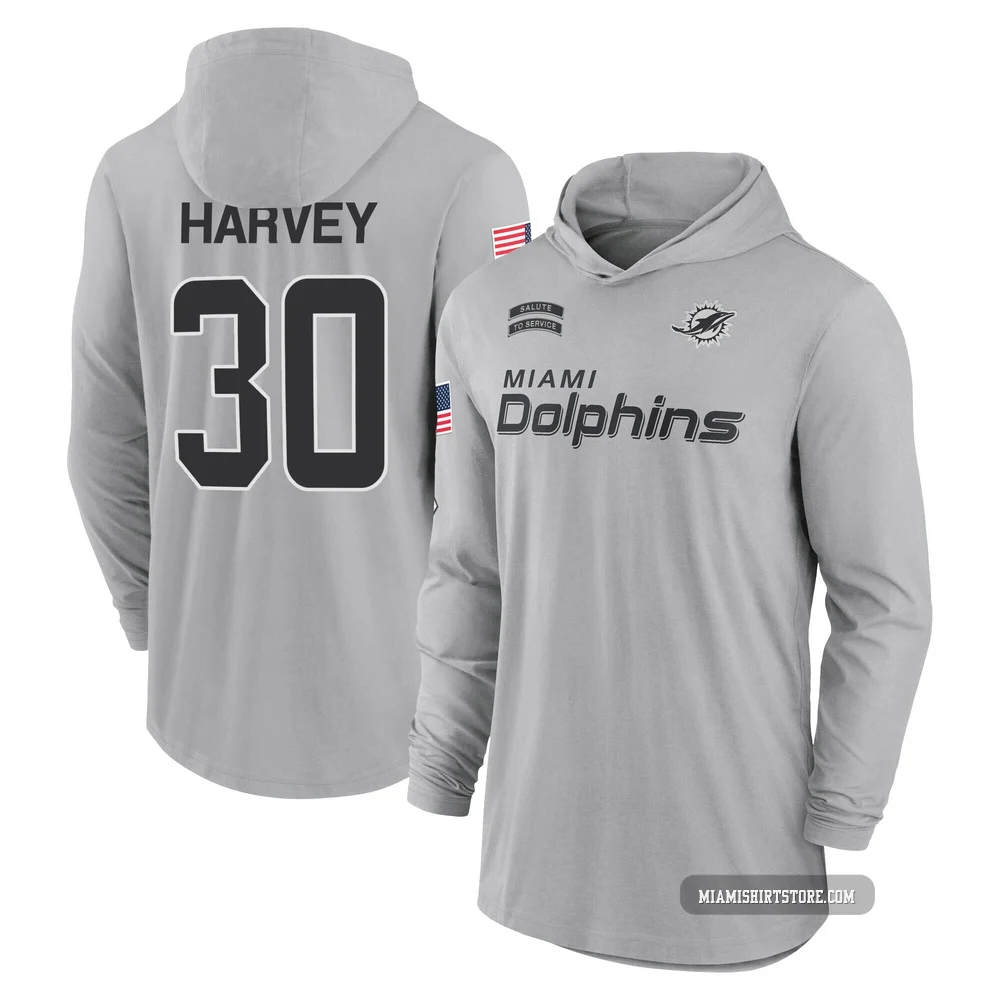 Men's Ahmari Harvey Miami Dolphins ＃30 Gray 2024 Salute to Service Lightweight Performance Long Sleeve Hooded T-Shirt