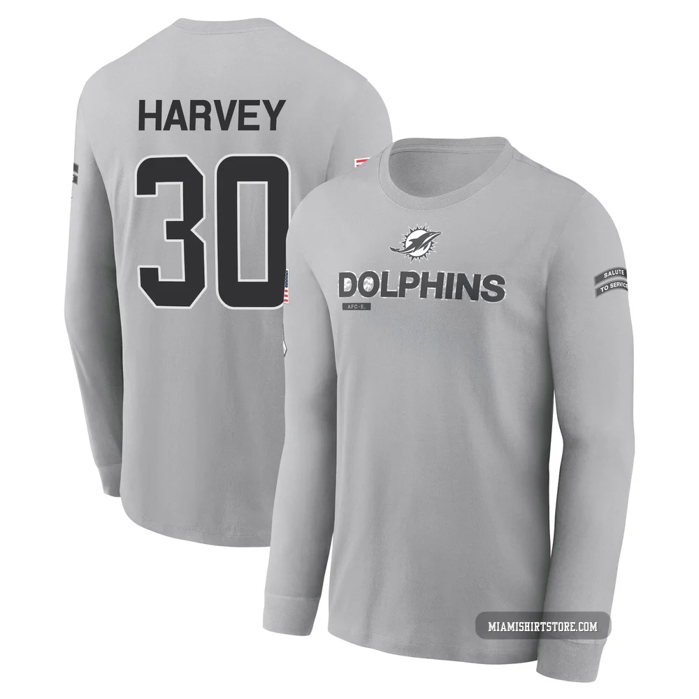 Men's Ahmari Harvey Miami Dolphins ＃30 Gray 2024 Salute to Service Long Sleeve T-Shirt