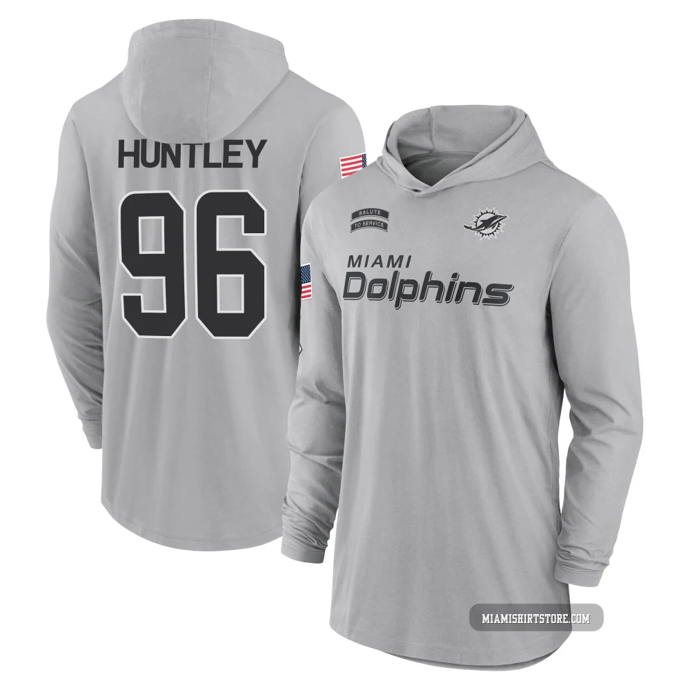 Men's Alex Huntley Miami Dolphins ＃96 Gray 2024 Salute to Service Lightweight Performance Long Sleeve Hooded T-Shirt
