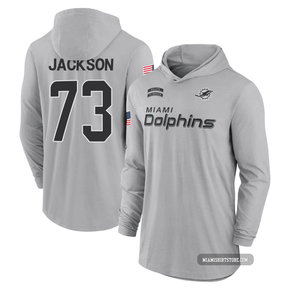 Men's Austin Jackson Miami Dolphins ＃73 Gray 2024 Salute to Service Lightweight Performance Long Sleeve Hooded T-Shirt