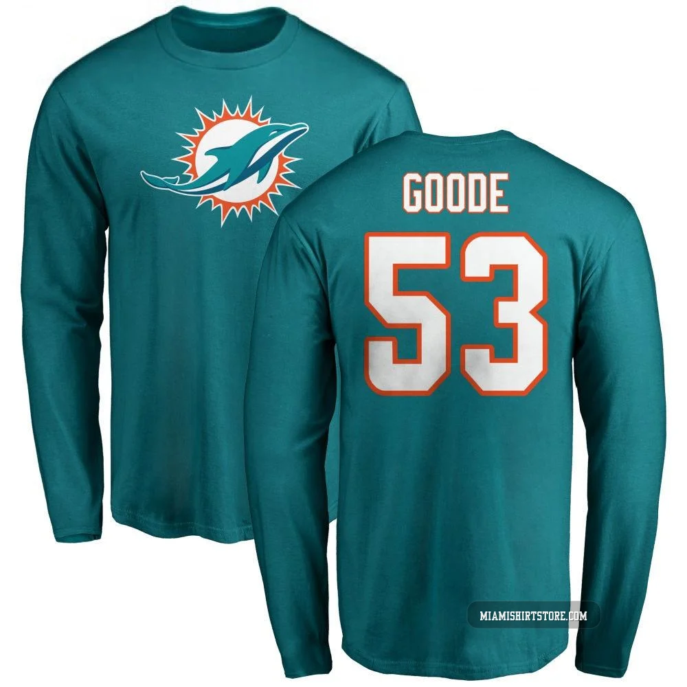 Men's Cameron Goode Miami Dolphins ＃53 Aqua Pro Line Name & Number Logo Long Sleeve T-Shirt -