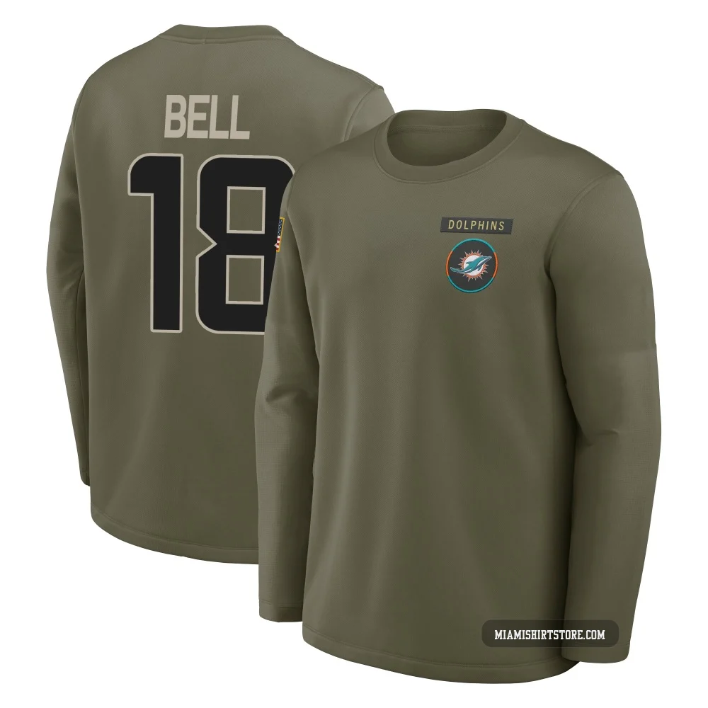 Men's Chris Bell Miami Dolphins ＃18 Olive 2025 Salute to Service Sideline Coaches Long Sleeve T-Shirt
