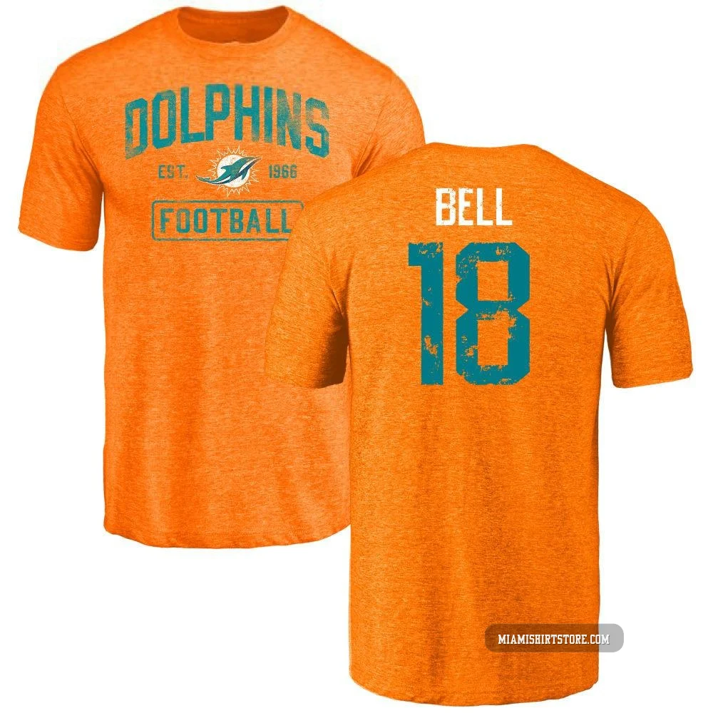Men's Chris Bell Miami Dolphins ＃18 Orange Distressed Name & Number Tri-Blend T-Shirt