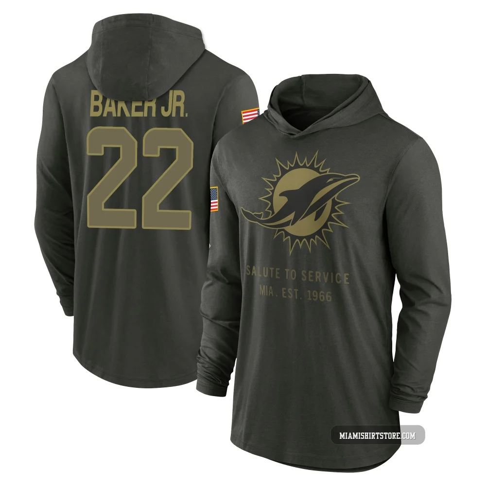 Men's Darrell Baker Jr. Miami Dolphins ＃22 Forest/Green 2025 Salute to Service Sideline Lightweight Hooded Pullover Long Sleeve 