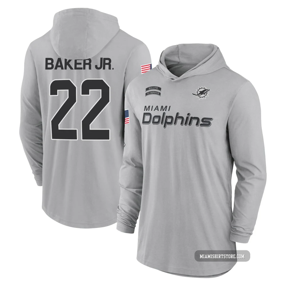 Men's Darrell Baker Jr. Miami Dolphins ＃22 Gray 2024 Salute to Service Lightweight Performance Long Sleeve Hooded T-Shirt