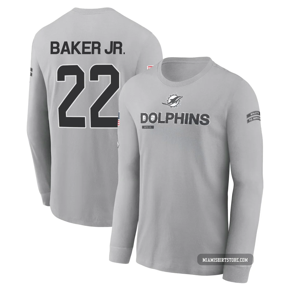 Men's Darrell Baker Jr. Miami Dolphins ＃22 Gray 2024 Salute to Service Long Sleeve T-Shirt