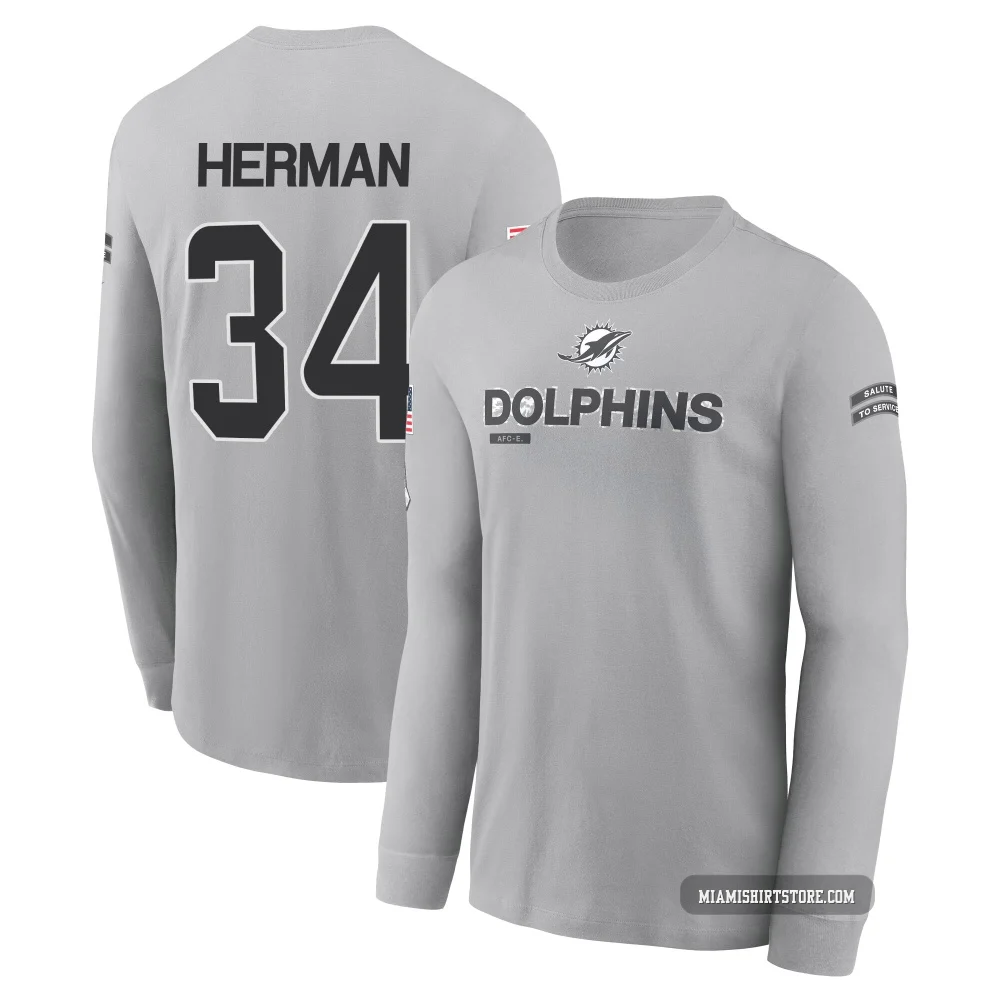 Men's DJ Herman Miami Dolphins ＃34 Gray 2024 Salute to Service Long Sleeve T-Shirt