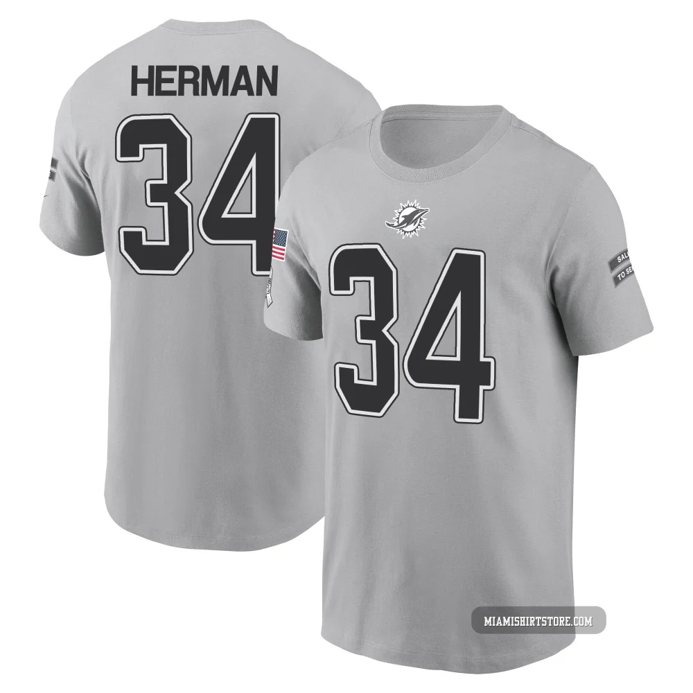 Men's DJ Herman Miami Dolphins ＃34 Gray 2024 Salute to Service Name & Number T-Shirt
