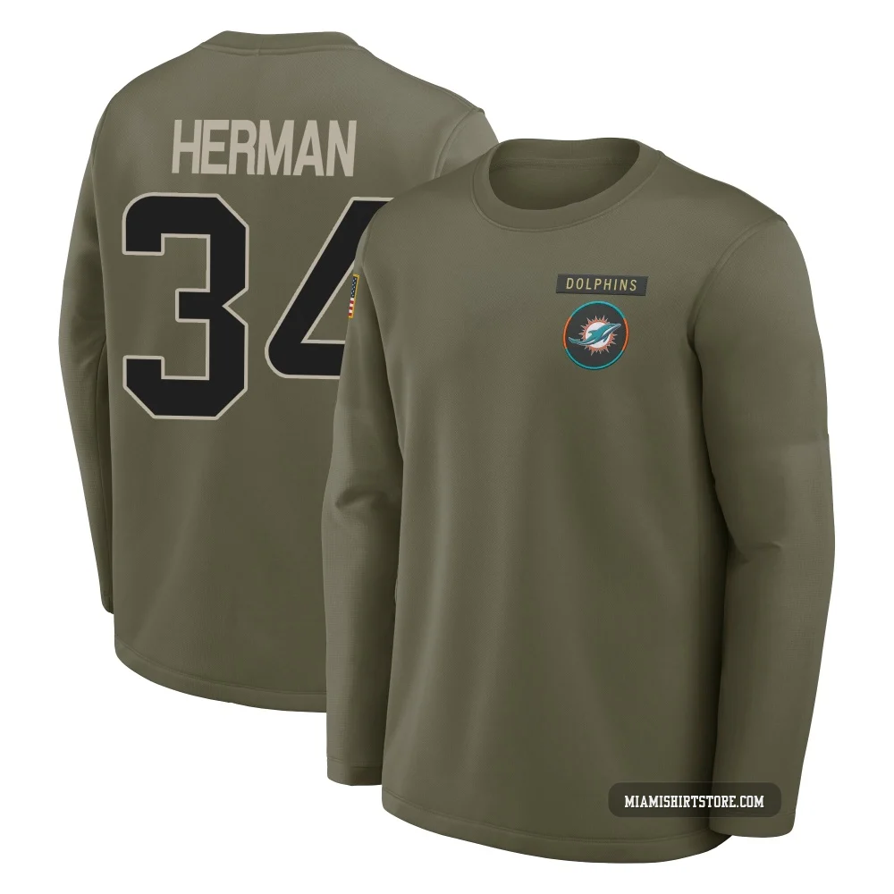 Men's DJ Herman Miami Dolphins ＃34 Olive 2025 Salute to Service Sideline Coaches Long Sleeve T-Shirt