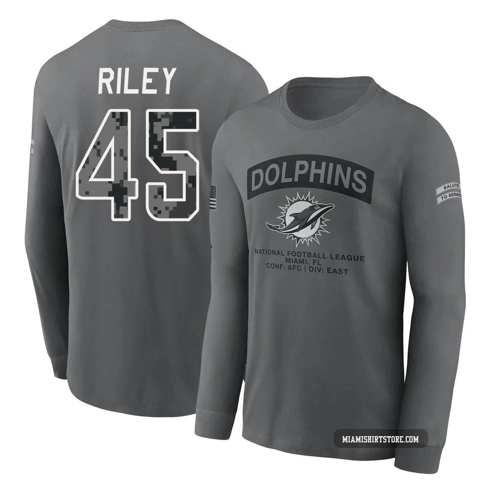 Men's Duke Riley Miami Dolphins ＃45 Gray 2026 Salute to Service Long Sleeve T-Shirt