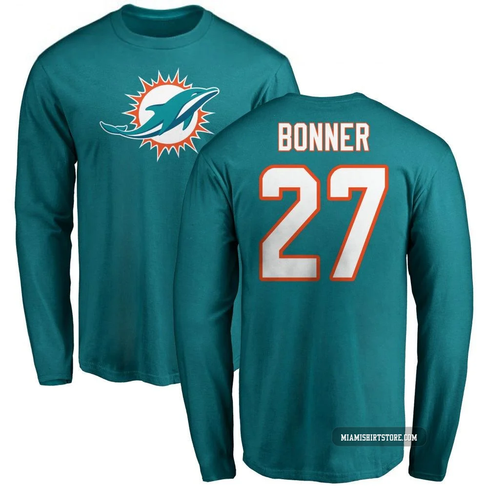 Men's Ethan Bonner Miami Dolphins ＃27 Aqua Pro Line Name & Number Logo Long Sleeve T-Shirt -
