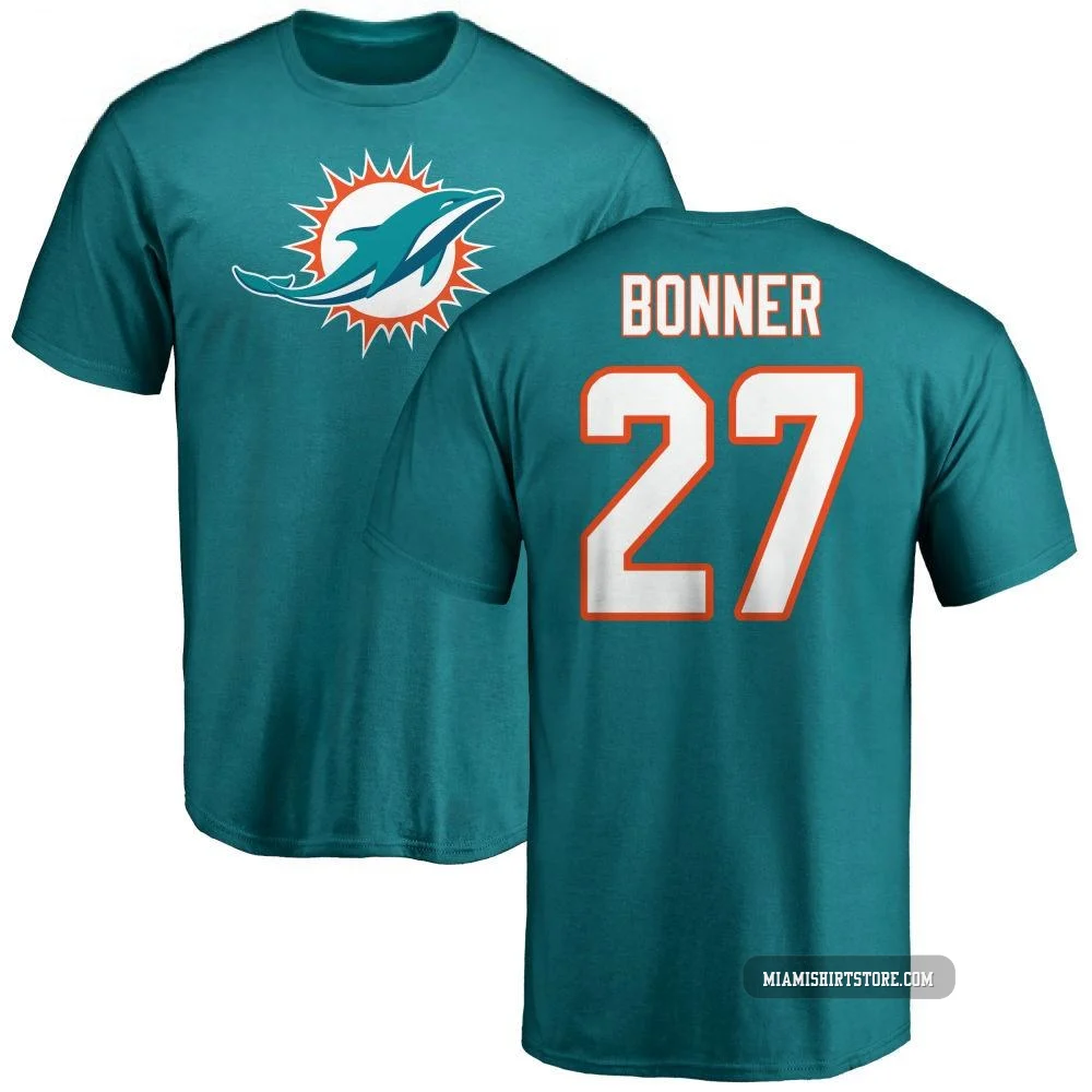 Men's Ethan Bonner Miami Dolphins ＃27 Aqua Pro Line Name & Number Logo T-Shirt -
