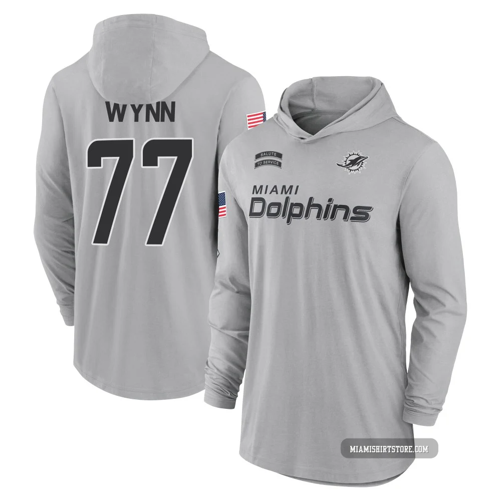 Men's Isaiah Wynn Miami Dolphins ＃77 Gray 2024 Salute to Service Lightweight Performance Long Sleeve Hooded T-Shirt