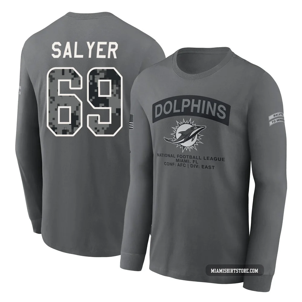 Men's Jamaree Salyer Miami Dolphins ＃69 Gray 2026 Salute to Service Long Sleeve T-Shirt