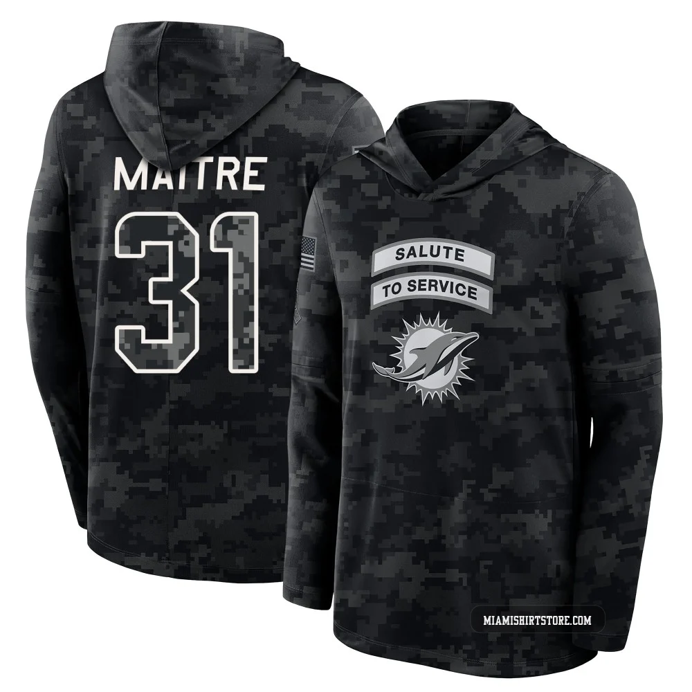 Men's Jason Maitre Miami Dolphins ＃31 Black 2026 Salute to Service Sideline Lightweight Hooded Long Sleeve T-Shirt