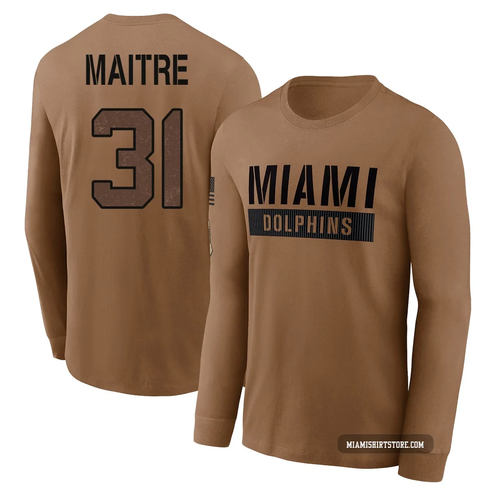 Men's Jason Maitre Miami Dolphins ＃31 Brown 2023 Salute To Service Long Sleeve T-Shirt