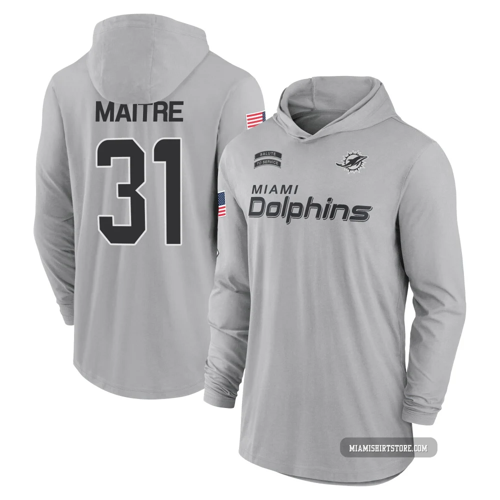 Men's Jason Maitre Miami Dolphins ＃31 Gray 2024 Salute to Service Lightweight Performance Long Sleeve Hooded T-Shirt