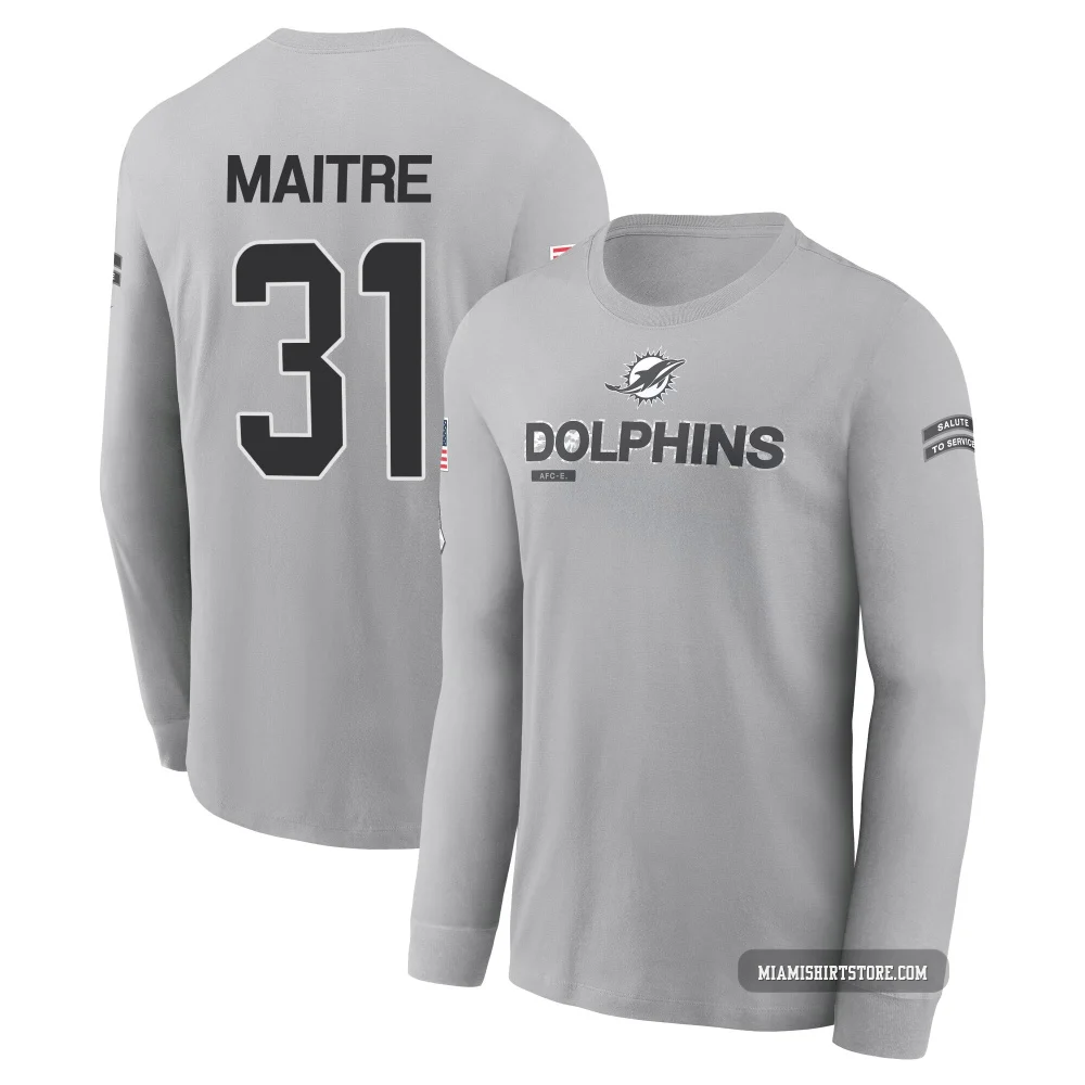 Men's Jason Maitre Miami Dolphins ＃31 Gray 2024 Salute to Service Long Sleeve T-Shirt