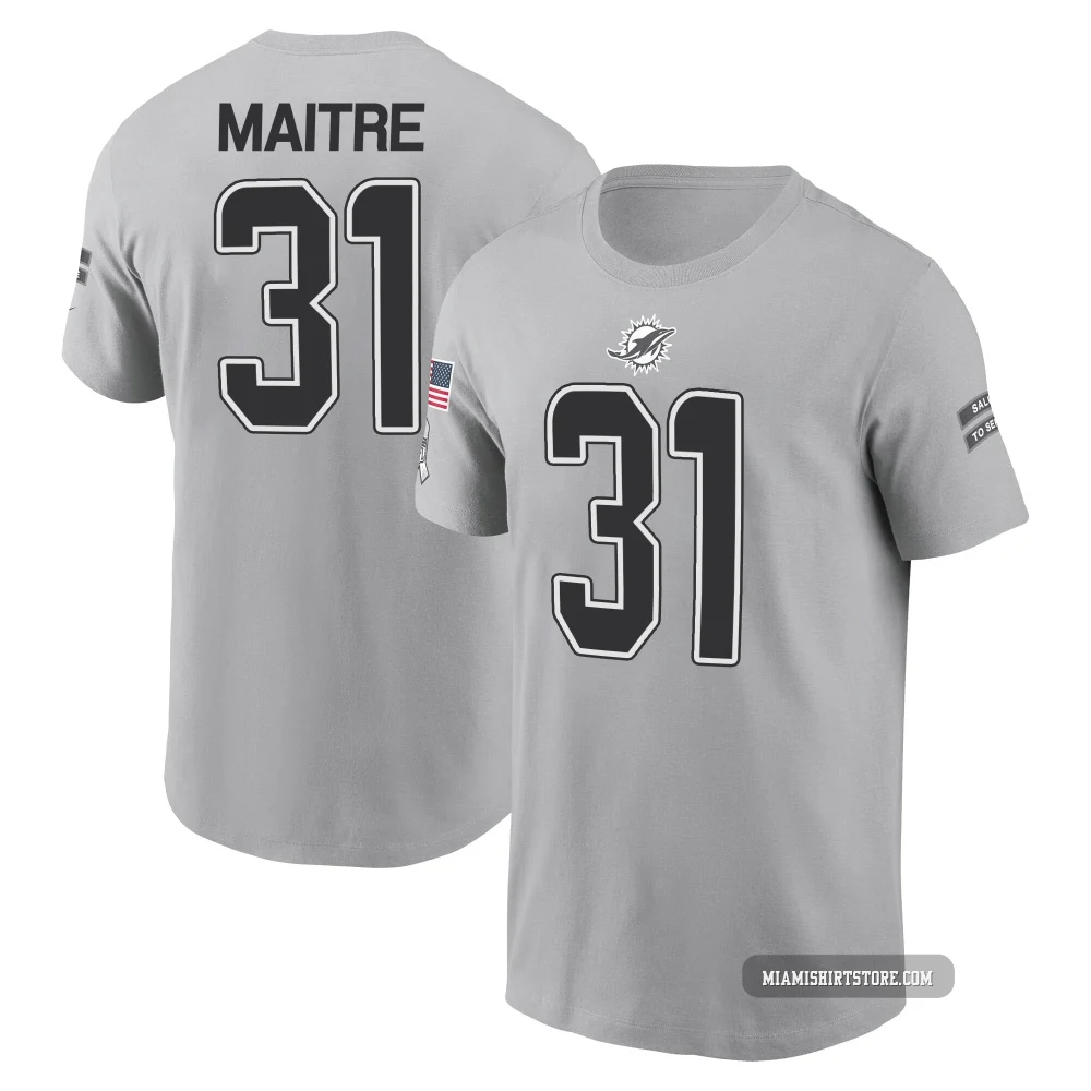 Men's Jason Maitre Miami Dolphins ＃31 Gray 2024 Salute to Service Name & Number T-Shirt