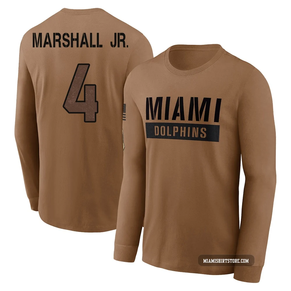 Men's Jason Marshall Jr. Miami Dolphins ＃4 Brown 2023 Salute To Service Long Sleeve T-Shirt
