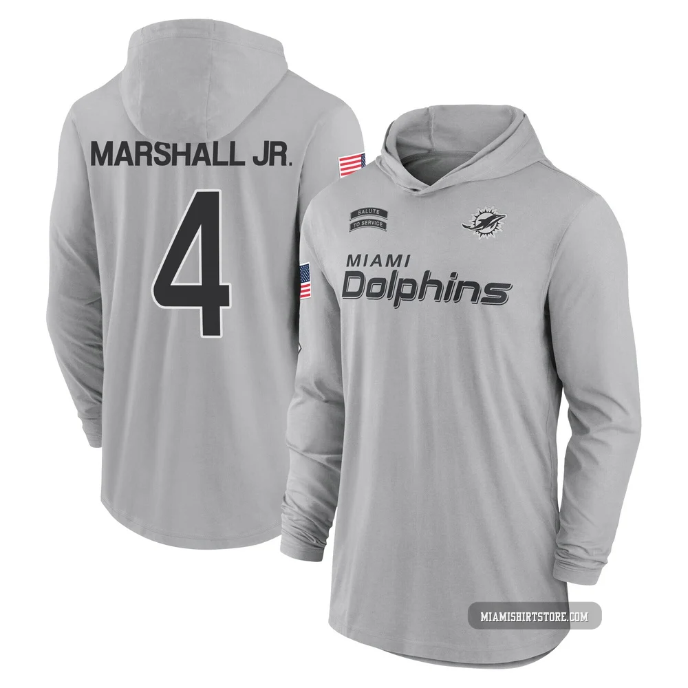 Men's Jason Marshall Jr. Miami Dolphins ＃4 Gray 2024 Salute to Service Lightweight Performance Long Sleeve Hooded T-Shirt