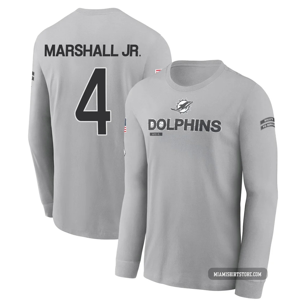 Men's Jason Marshall Jr. Miami Dolphins ＃4 Gray 2024 Salute to Service Long Sleeve T-Shirt