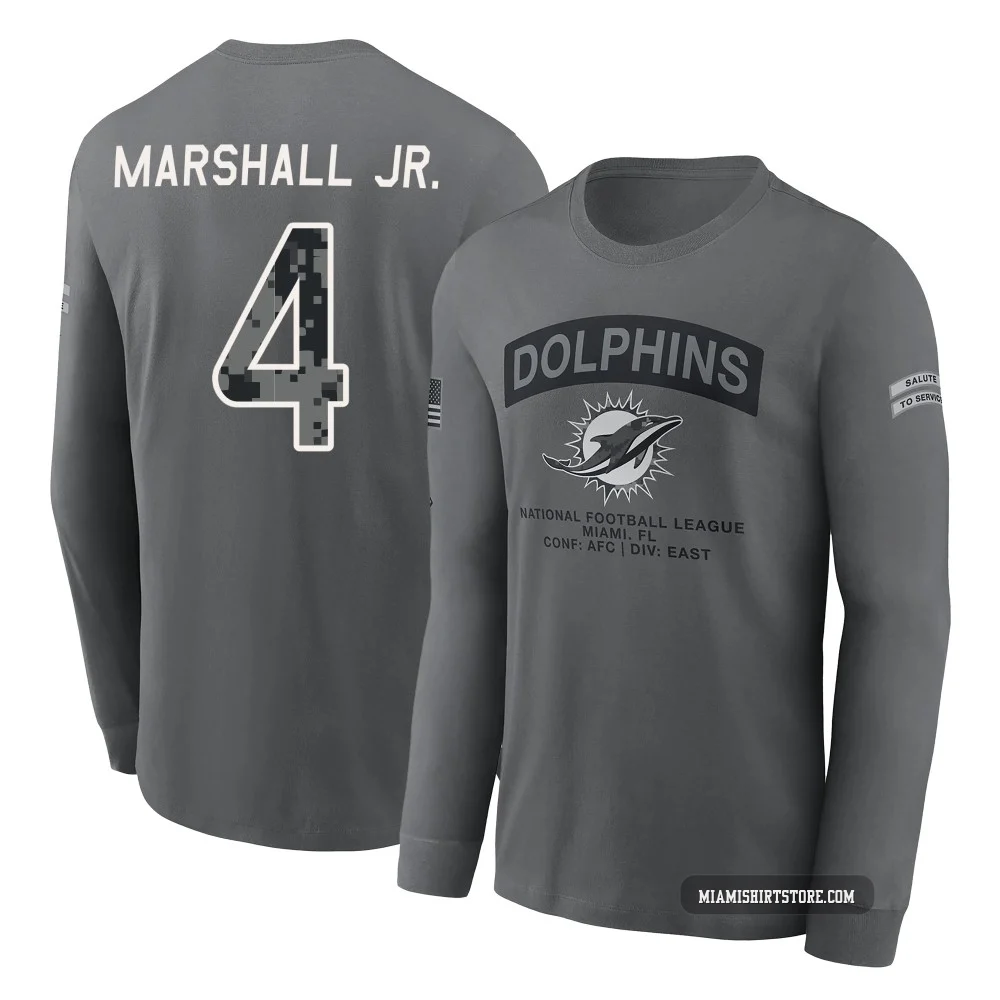 Men's Jason Marshall Jr. Miami Dolphins ＃4 Gray 2026 Salute to Service Long Sleeve T-Shirt