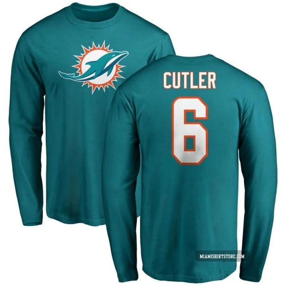 Men's Jay Cutler Miami Dolphins ＃6 Aqua Pro Line Any Name & Number Logo Long Sleeve T-Shirt -