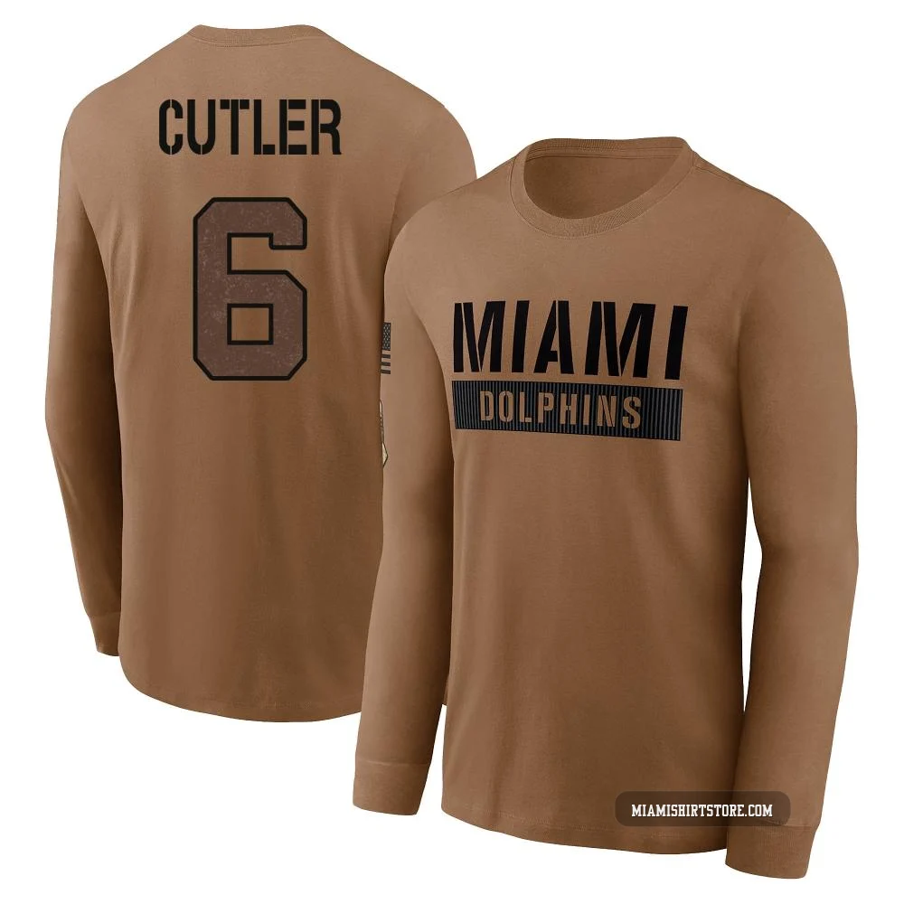 Men's Jay Cutler Miami Dolphins ＃6 Brown 2023 Salute To Service Long Sleeve T-Shirt