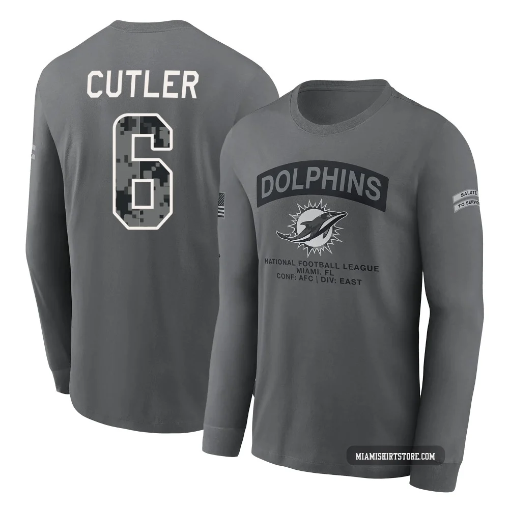 Men's Jay Cutler Miami Dolphins ＃6 Gray 2026 Salute to Service Long Sleeve T-Shirt
