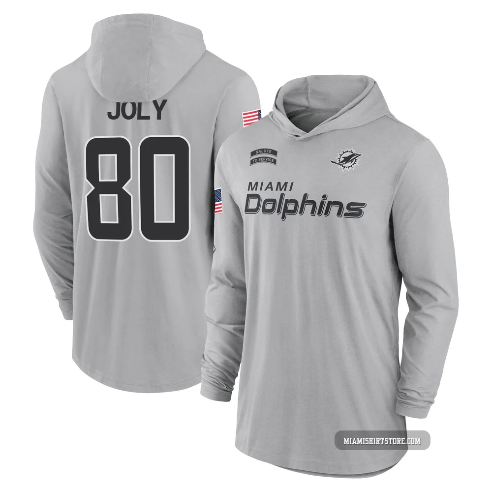 Men's Justin Joly Miami Dolphins ＃80 Gray 2024 Salute to Service Lightweight Performance Long Sleeve Hooded T-Shirt