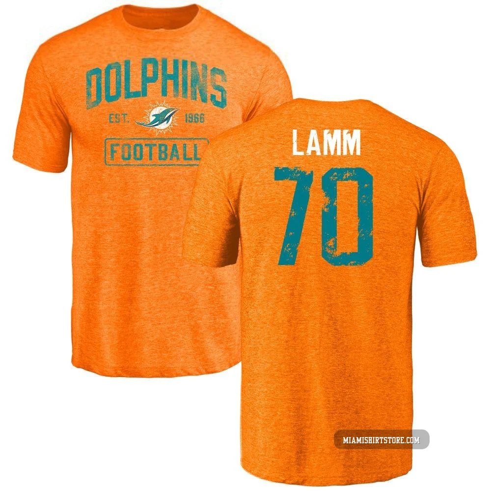 Men's Kendall Lamm Miami Dolphins ＃70 Orange Distressed Name & Number Tri-Blend T-Shirt
