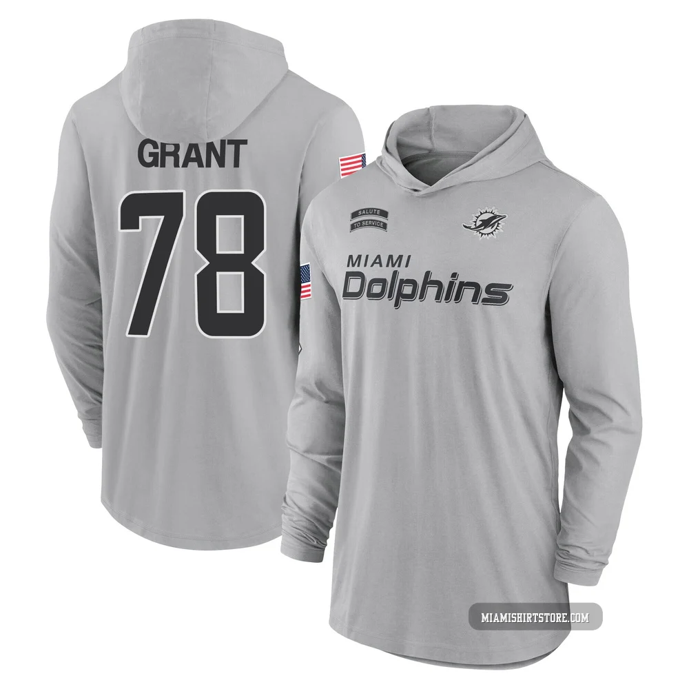 Men's Kenneth Grant Miami Dolphins ＃78 Gray 2024 Salute to Service Lightweight Performance Long Sleeve Hooded T-Shirt