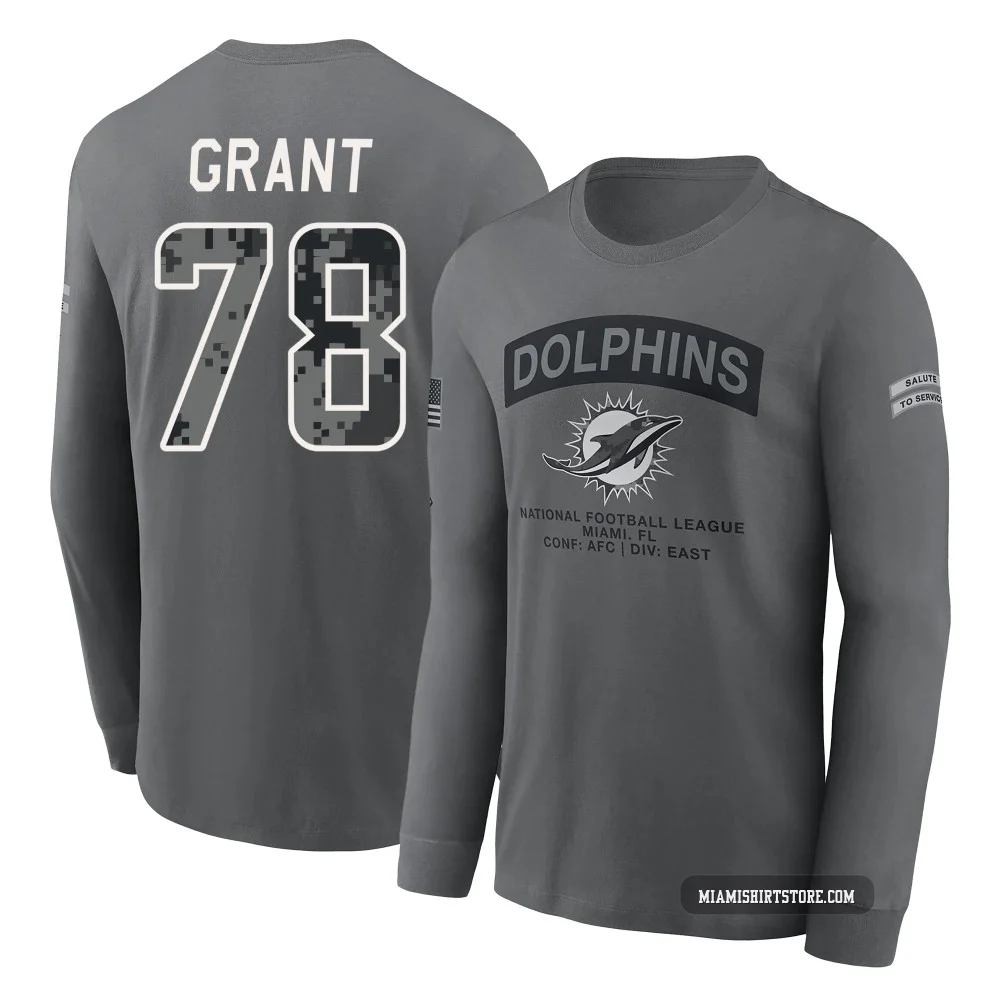 Men's Kenneth Grant Miami Dolphins ＃78 Gray 2026 Salute to Service Long Sleeve T-Shirt