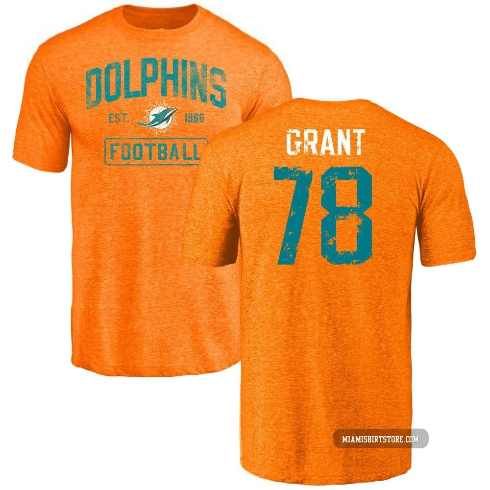 Men's Kenneth Grant Miami Dolphins ＃78 Orange Distressed Name & Number Tri-Blend T-Shirt