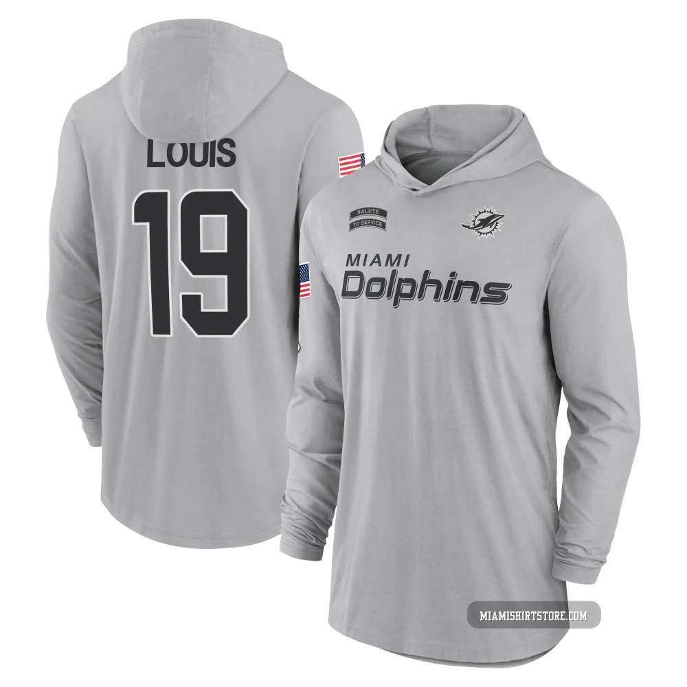 Men's Kyle Louis Miami Dolphins ＃19 Gray 2024 Salute to Service Lightweight Performance Long Sleeve Hooded T-Shirt