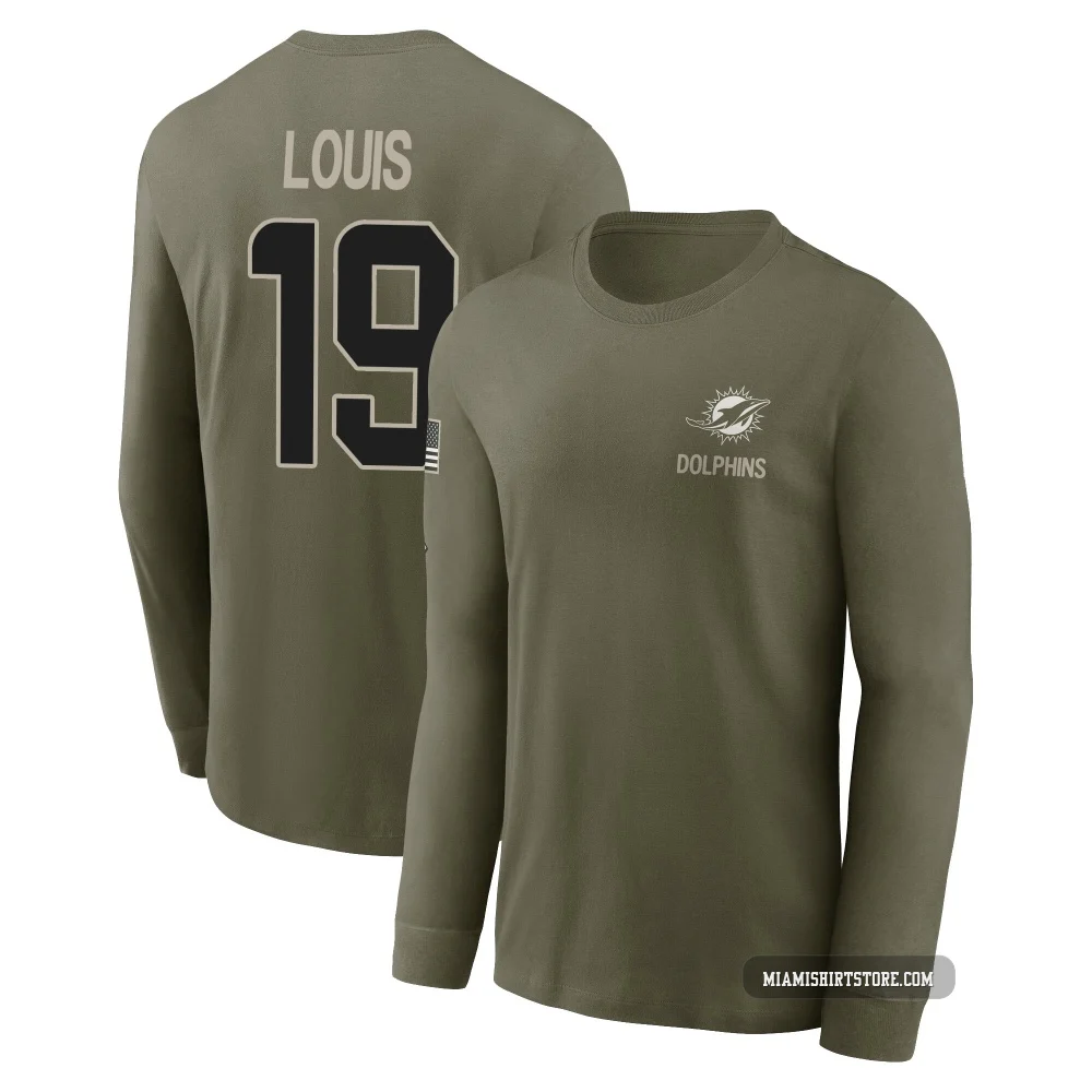 Men's Kyle Louis Miami Dolphins ＃19 Olive 2025 Salute to Service Sideline Long Sleeve T-Shirt