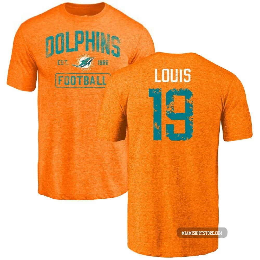 Men's Kyle Louis Miami Dolphins ＃19 Orange Distressed Name & Number Tri-Blend T-Shirt