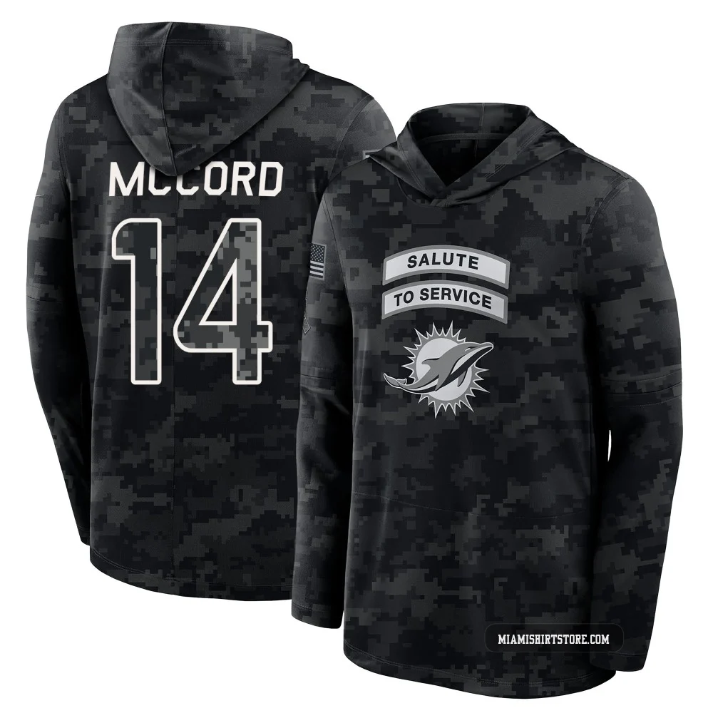 Men's Kyle McCord Miami Dolphins ＃14 Black 2026 Salute to Service Sideline Lightweight Hooded Long Sleeve T-Shirt