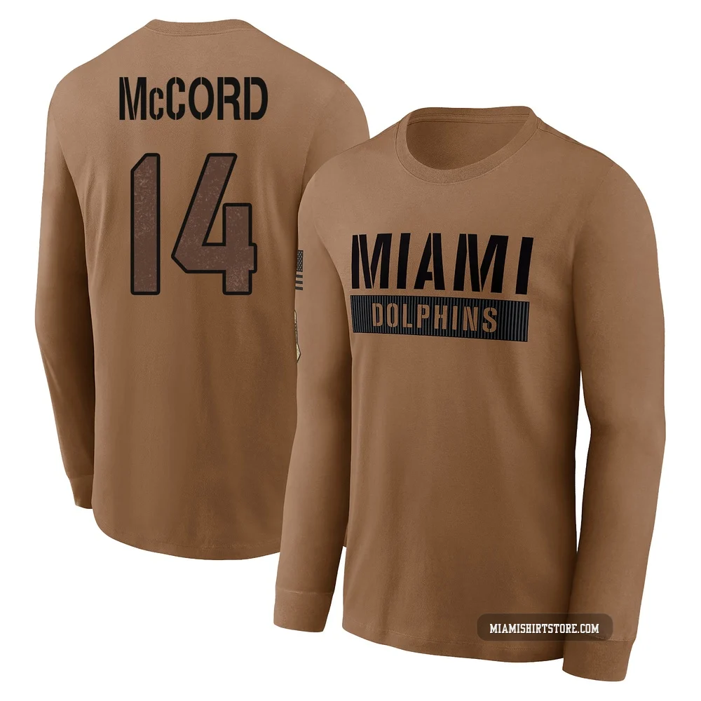 Men's Kyle McCord Miami Dolphins ＃14 Brown 2023 Salute To Service Long Sleeve T-Shirt