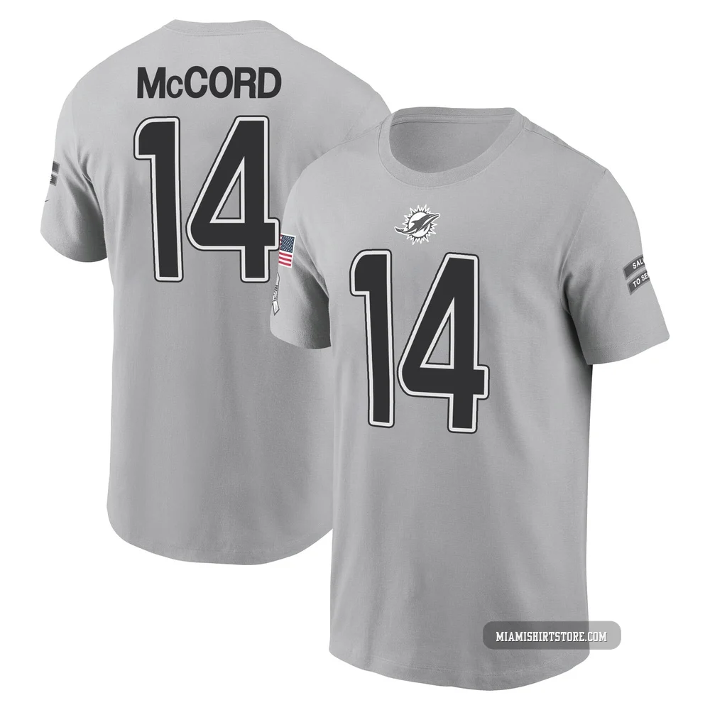 Men's Kyle McCord Miami Dolphins ＃14 Gray 2024 Salute to Service Name & Number T-Shirt