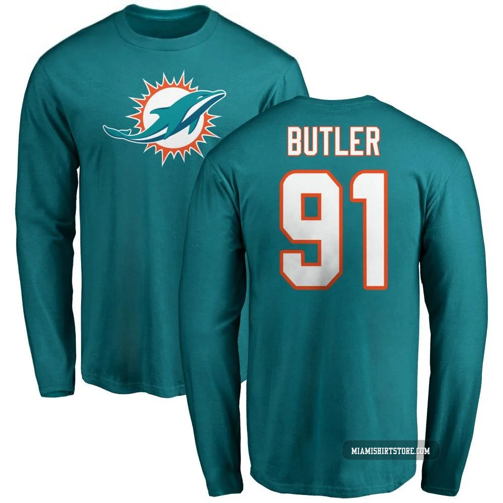 Men's Matthew Butler Miami Dolphins ＃91 Aqua Pro Line Name & Number Logo Long Sleeve T-Shirt -