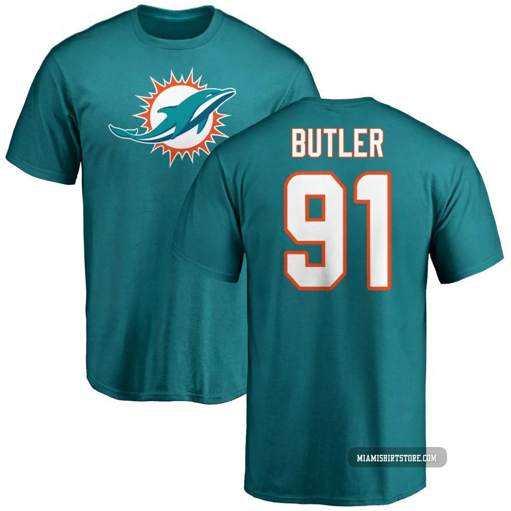 Men's Matthew Butler Miami Dolphins ＃91 Aqua Pro Line Name & Number Logo T-Shirt -