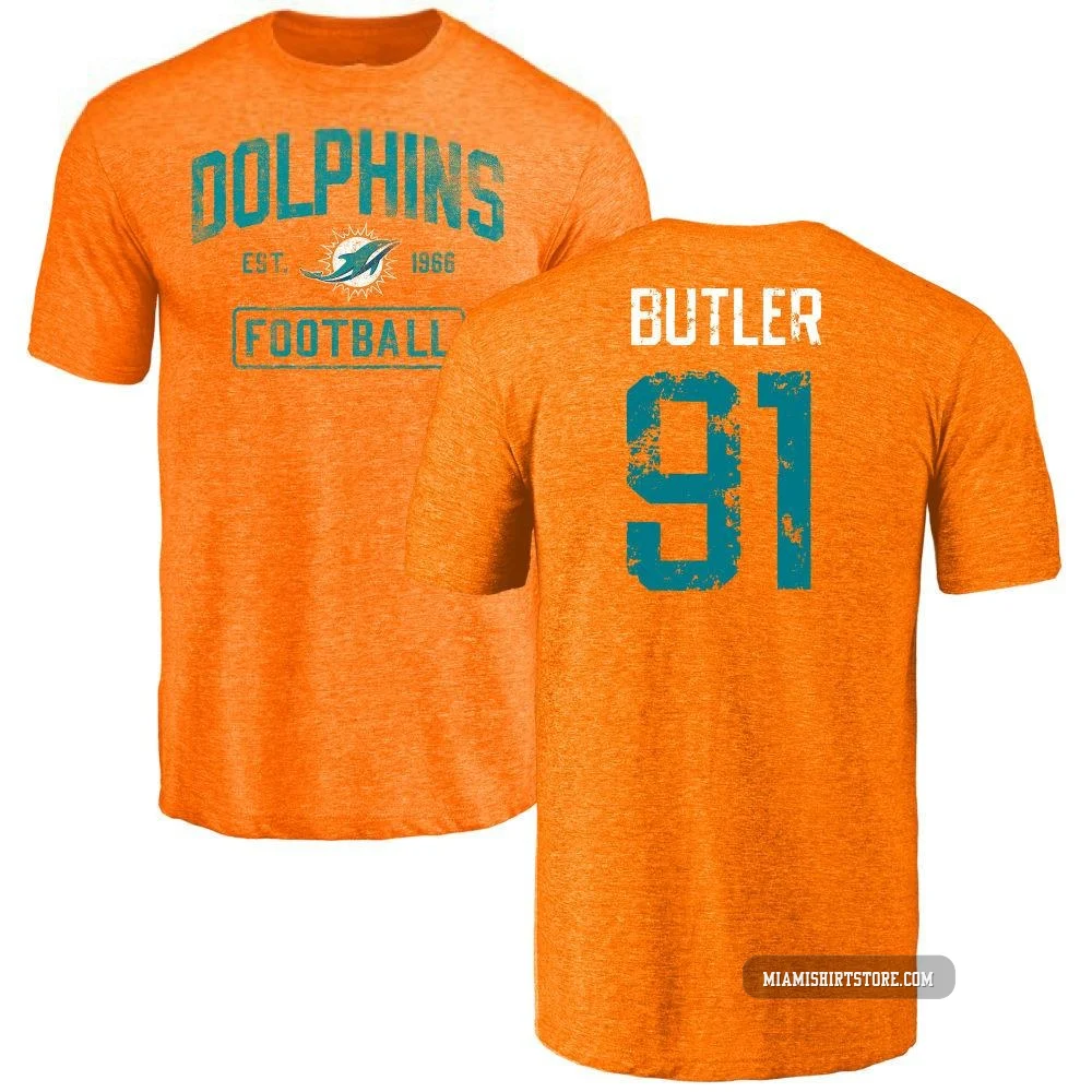Men's Matthew Butler Miami Dolphins ＃91 Orange Distressed Name & Number Tri-Blend T-Shirt