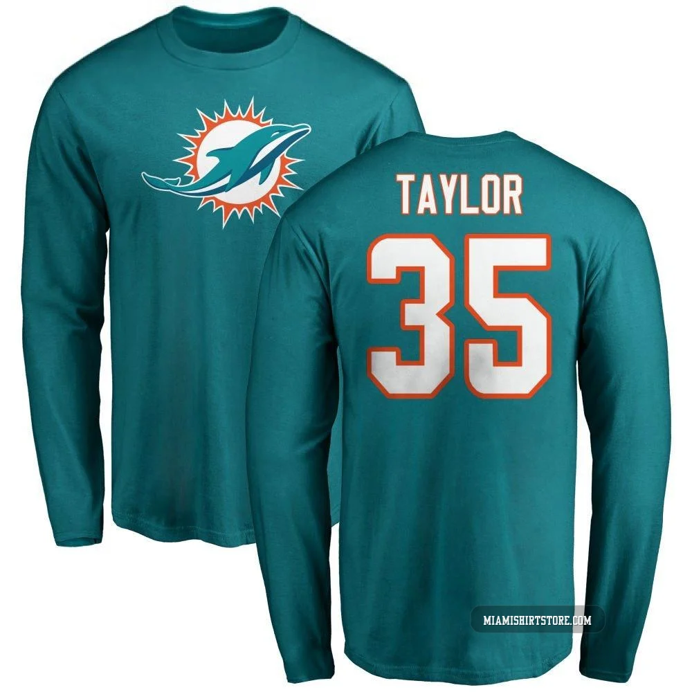 Men's Reese Taylor Miami Dolphins ＃35 Aqua Pro Line Name & Number Logo Long Sleeve T-Shirt -