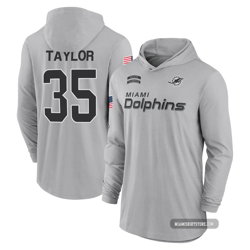 Men's Reese Taylor Miami Dolphins ＃35 Gray 2024 Salute to Service Lightweight Performance Long Sleeve Hooded T-Shirt