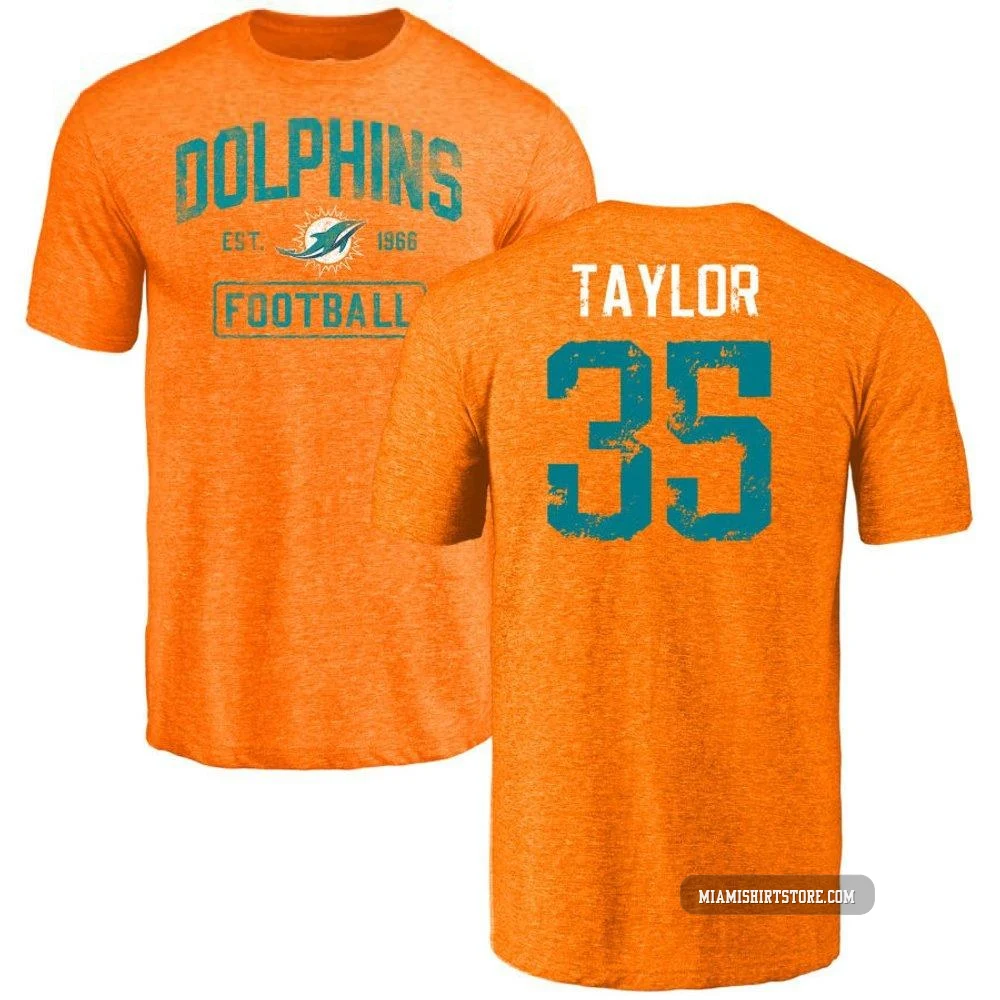 Men's Reese Taylor Miami Dolphins ＃35 Orange Distressed Name & Number Tri-Blend T-Shirt
