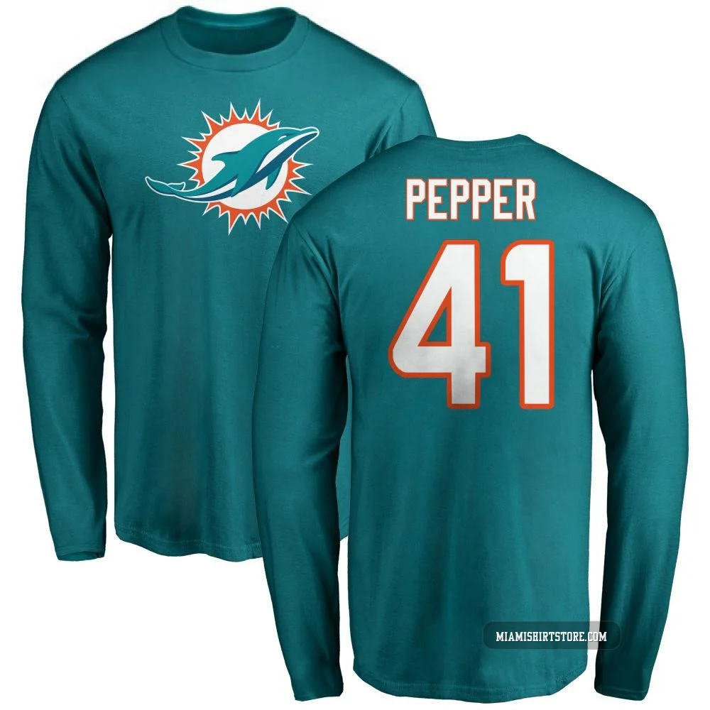 Men's Taybor Pepper Miami Dolphins ＃41 Aqua Pro Line Name & Number Logo Long Sleeve T-Shirt -