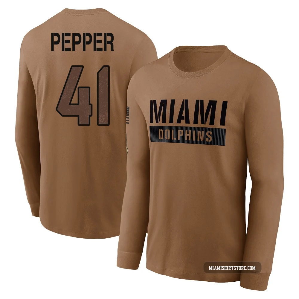 Men's Taybor Pepper Miami Dolphins ＃41 Brown 2023 Salute To Service Long Sleeve T-Shirt